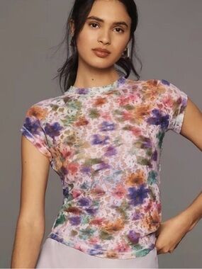 Anthropologie Short-Sleeve Floral Mesh Tee — Purple, Pink, Green & Orange